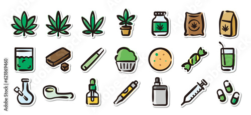 Illustrated sticker set of cannabis product.Quick and simple to use.