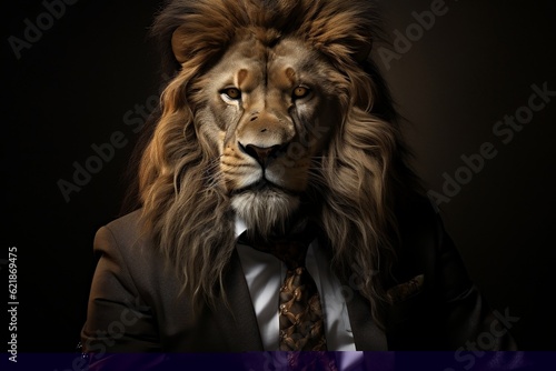 A lion dressed in a suit and tie. AI