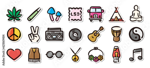 Illustrated sticker set of hippie.Quick and simple to use.