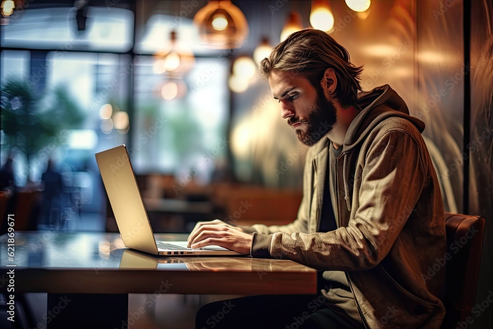 Freelancer working in online cafe. Freelancer working in online cafe.