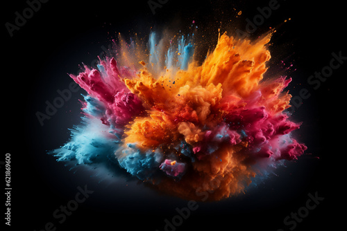 Colorful rainbow holi paint color powder explosion isolated black background. Generative AI © Tkz26 Graphics