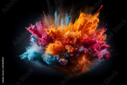 Colorful rainbow holi paint color powder explosion isolated black background. Generative AI