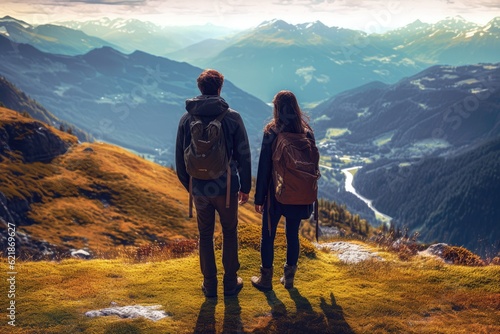 Young couple hiking in a scenic mountain landscape.