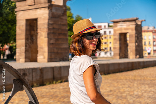 Temple of Debod in the city of Madrid of Egypt, tourist woman with hat in the ancient Egyptian temple photo
