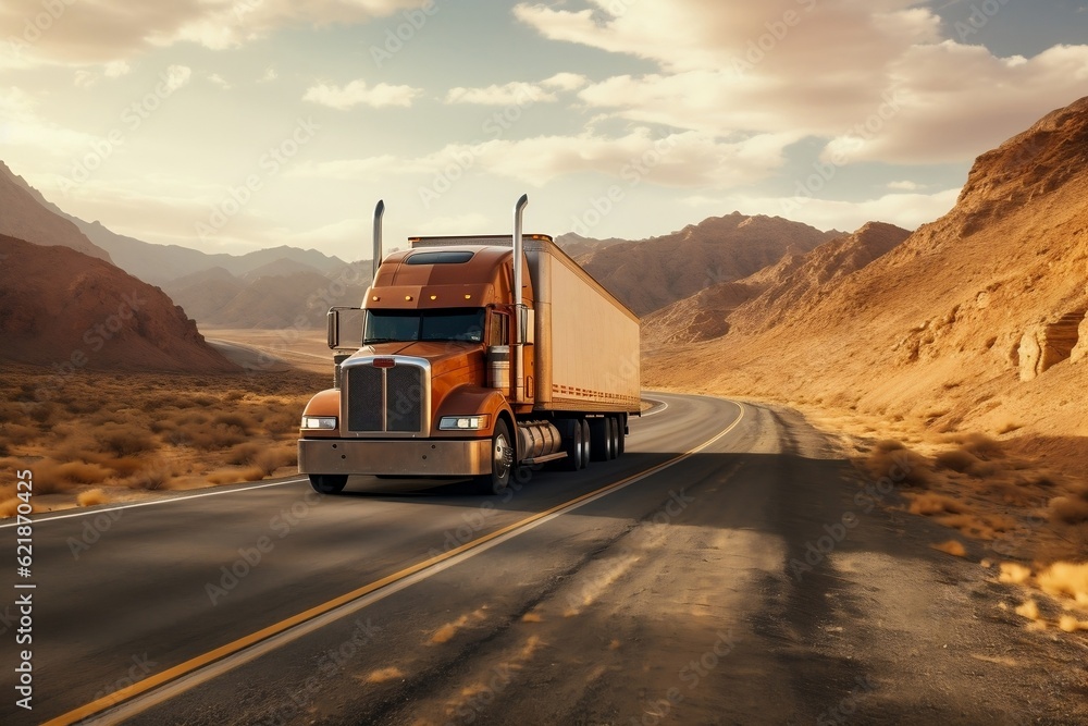 A semi truck driving down a desert road. AI