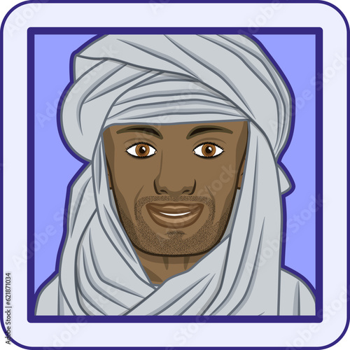Avatar profile pic of adult Arab man wearing Tuareg or Berber head scarf. Moroccan and North African ethnicity. Vector illustration.