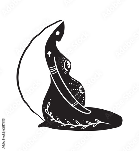 Pregnant woman sitting on her knees mystical boho icon. Silhouette of a lady with magic ornaments on her belly, esoteric logo. Vector illustration isolated on white background.