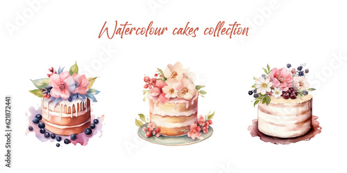 Vector watercolour cakes with flower. Cake shop logo, banner, poster. Botanical decorations on the cake