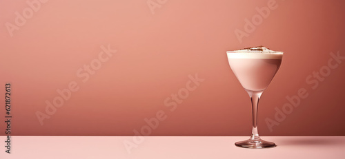 Coffee cocktail with whipped milk cream foam in glass isolated on pastel flat beige background with copy space. Alcoholic Irish coffee drink, minimal concept. Generative AI.