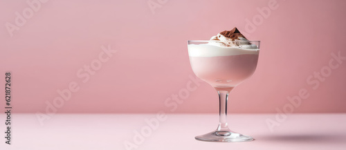 Coffee cocktail with whipped milk cream foam in glass isolated on pastel flat pink background with copy space. Alcoholic Irish coffee drink, minimal concept. Generative AI.