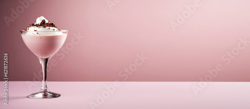 Coffee cocktail with whipped milk cream foam in glass isolated on pastel flat pink background with copy space. Alcoholic Irish coffee drink, minimal concept. Generative AI.