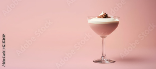 Coffee cocktail with whipped milk cream foam in glass isolated on pastel flat pink background with copy space. Alcoholic Irish coffee drink, minimal concept. Generative AI.