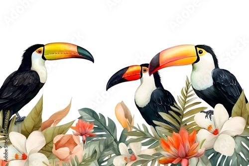 a group of birds with colorful beaks and flowers