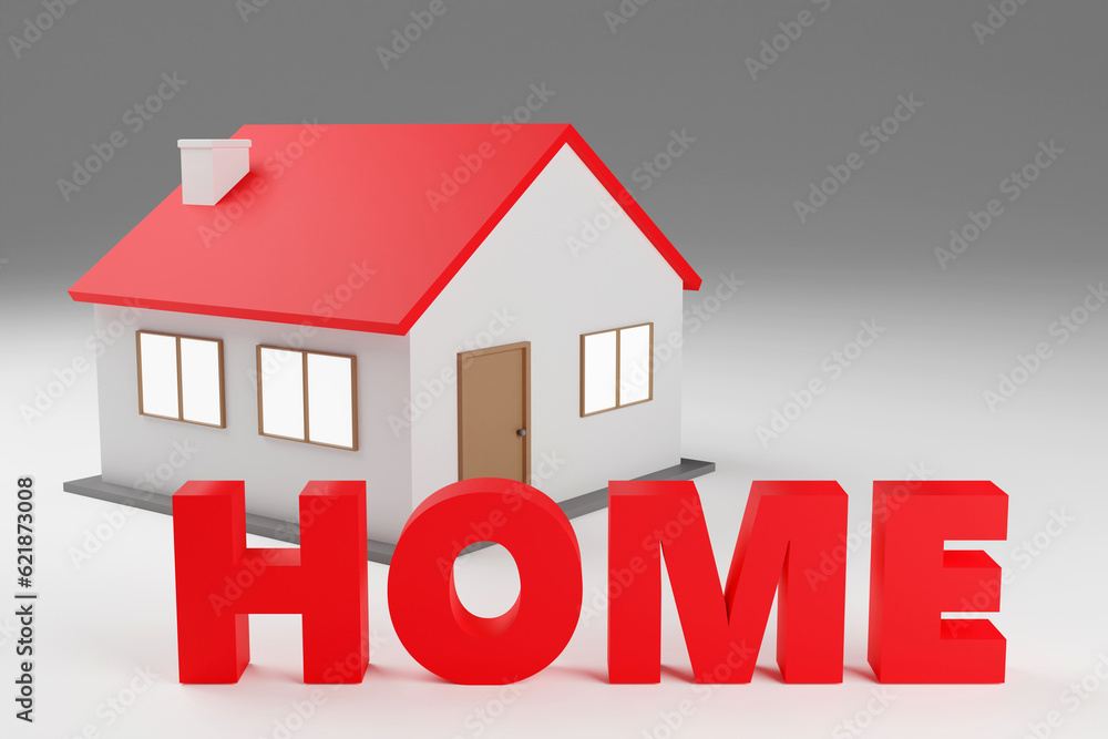 A house next to red text saying home 3d rendered A house next to red text saying home 3d rendered