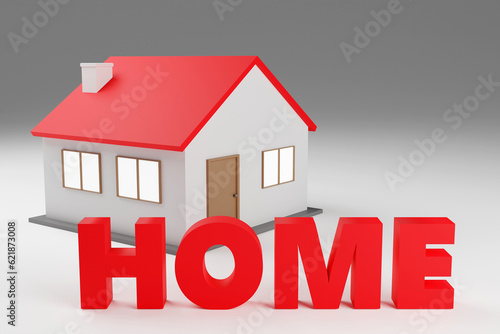 A house next to red text saying home 3d rendered