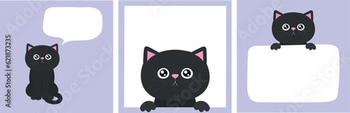 Cute black kitten set in frame with copy space. Black cat holding empty paper. Cat with a speech bubble. Kawaii cartoon character with whiskers and paws. Vector art