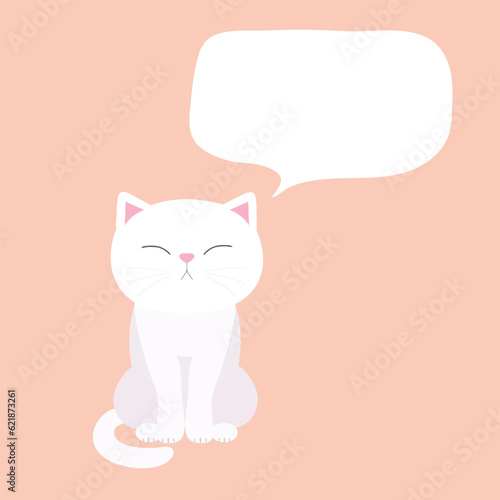 Cartoon white cat sitting with a blank speech bubble. Speech balloon with a copy space for a text. Vector illustration