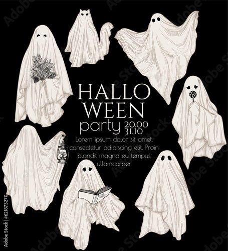 Vector template of halloween invitation with different ghosts in engraving style. Ghost with a book, with a lamp, with a bouquet, with a candy, ghost cat