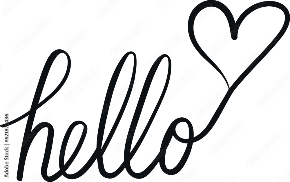 Hello. Greeting lettering with a heart shape. Handwriting isolated on white background. Calligraphy inspired. Vector art Hello. Greeting lettering with a heart shape. Handwriting isolated on white background. Calligraphy inspired. Vector art