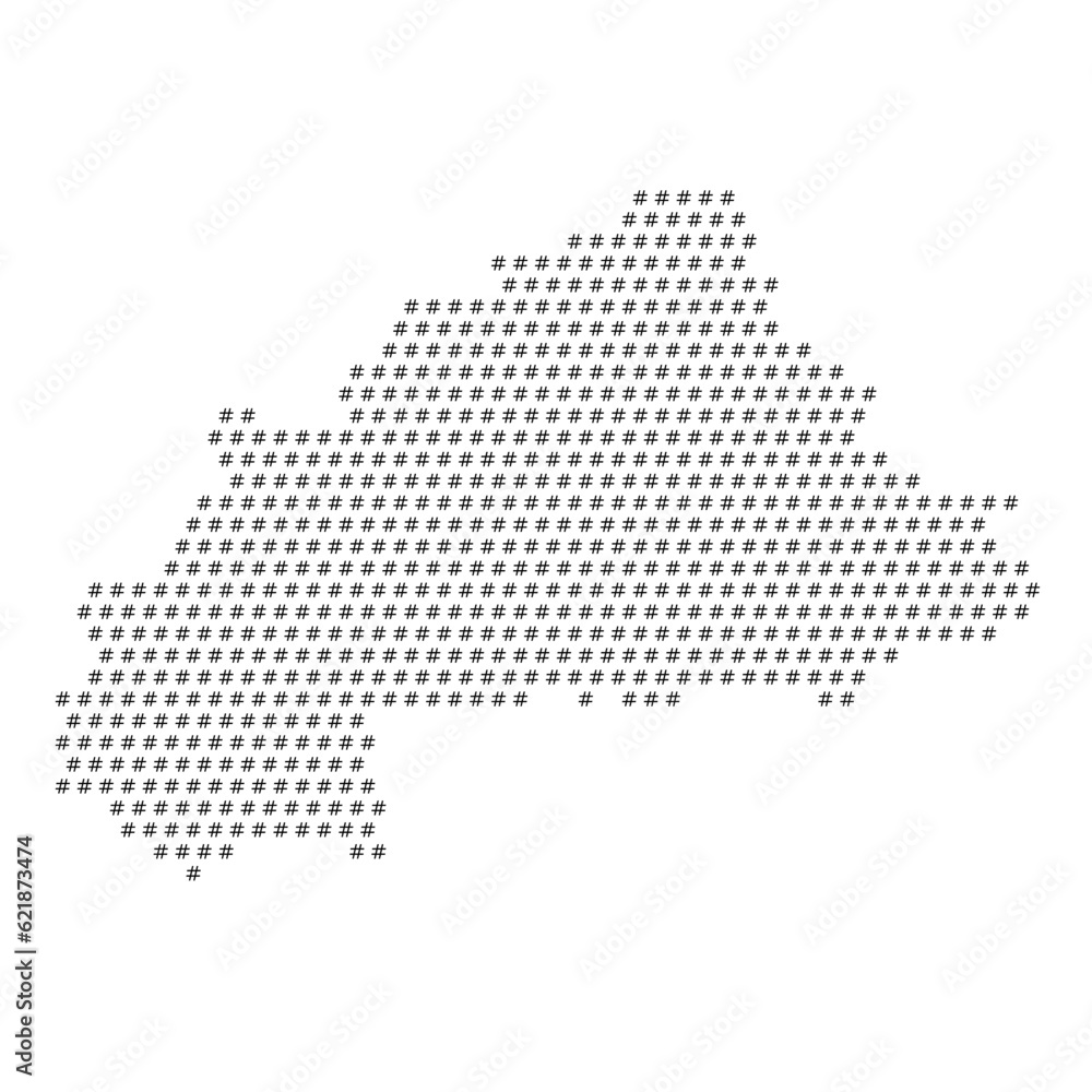 Map of the country of Burkina Faso with hashtag icons texture on a white background