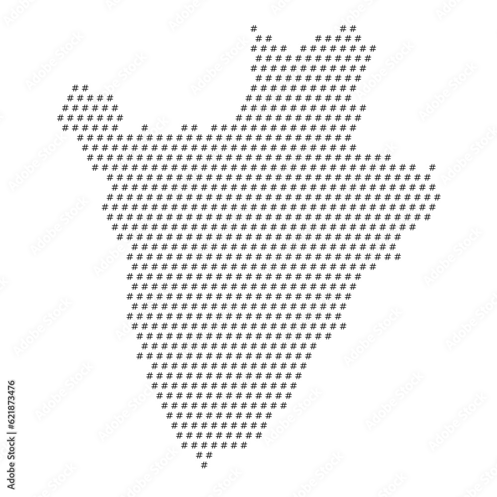 Map of the country of Burundi with hashtag icons texture on a white background