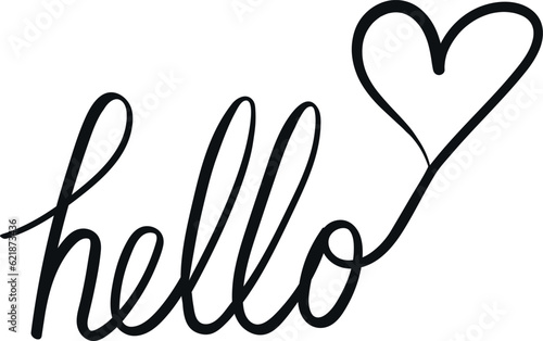 Hello. Greeting lettering with a heart shape. Handwriting isolated on white background. Calligraphy inspired. Vector art