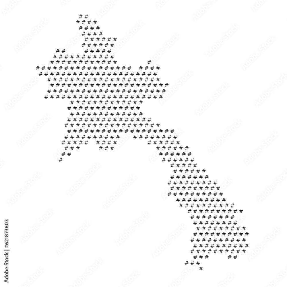 Map of the country of Laos with hashtag icons texture on a white background