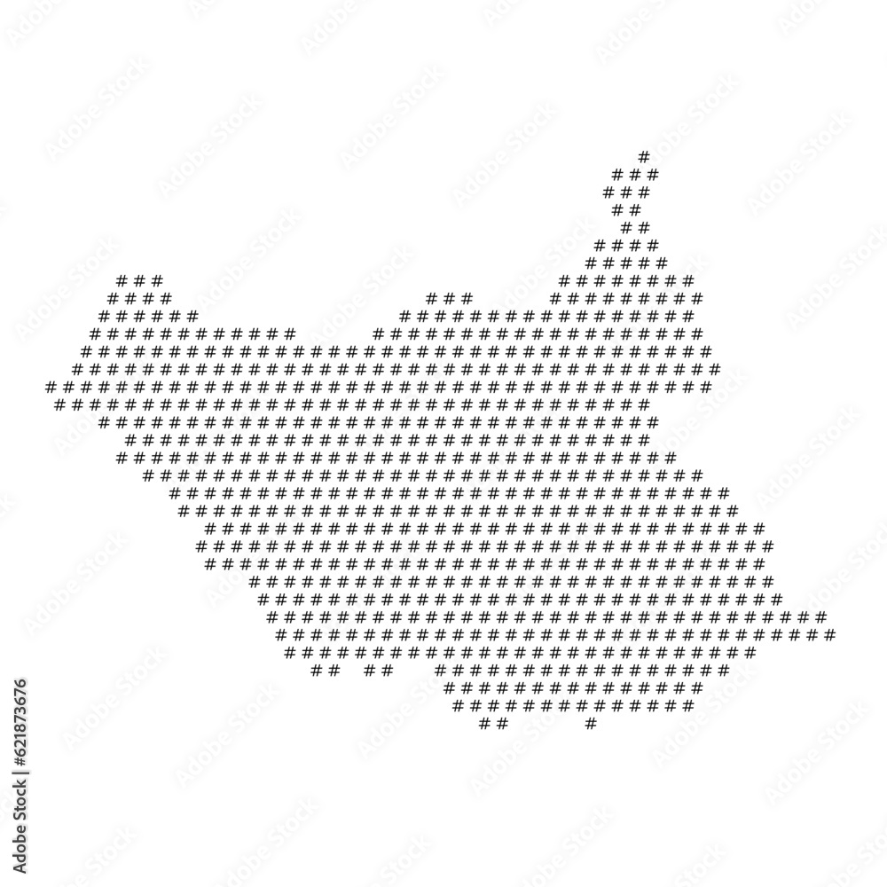 Map of the country of S. Sudan with hashtag icons texture on a white background