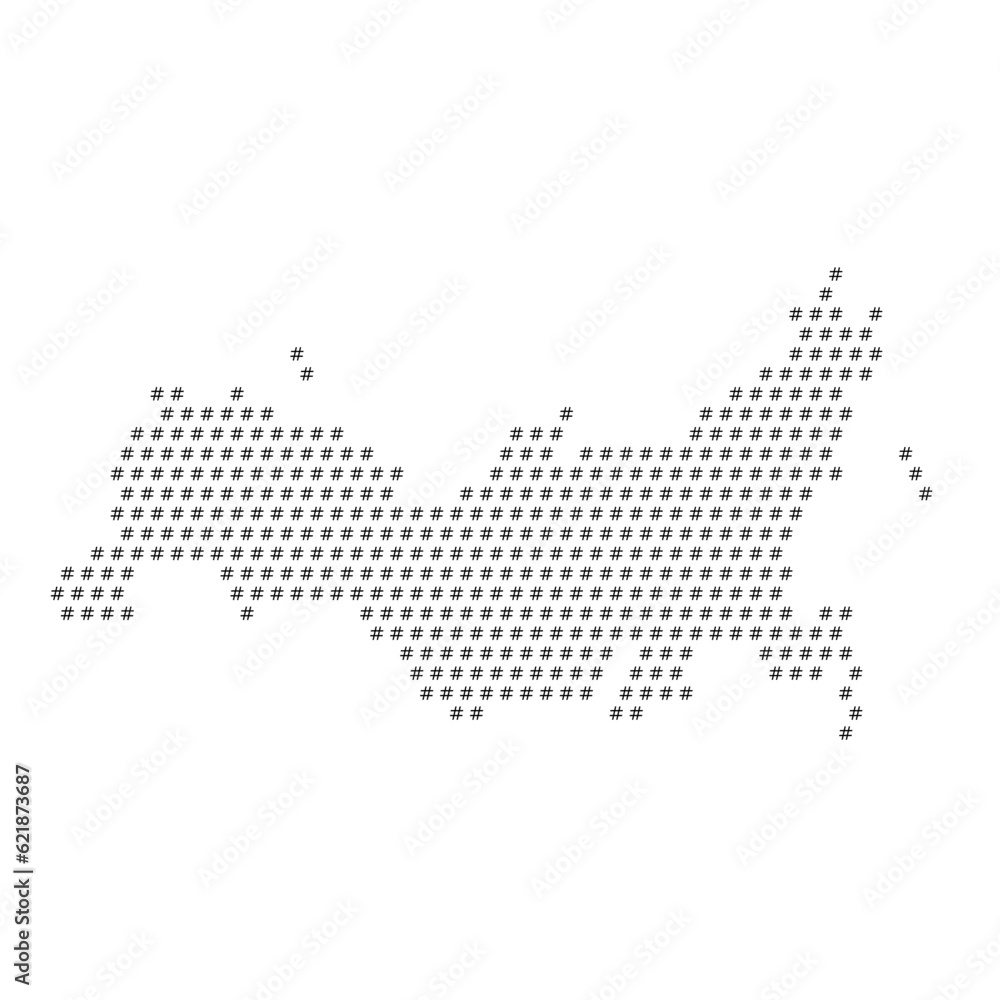 Map of the country of Russia with hashtag icons texture on a white background