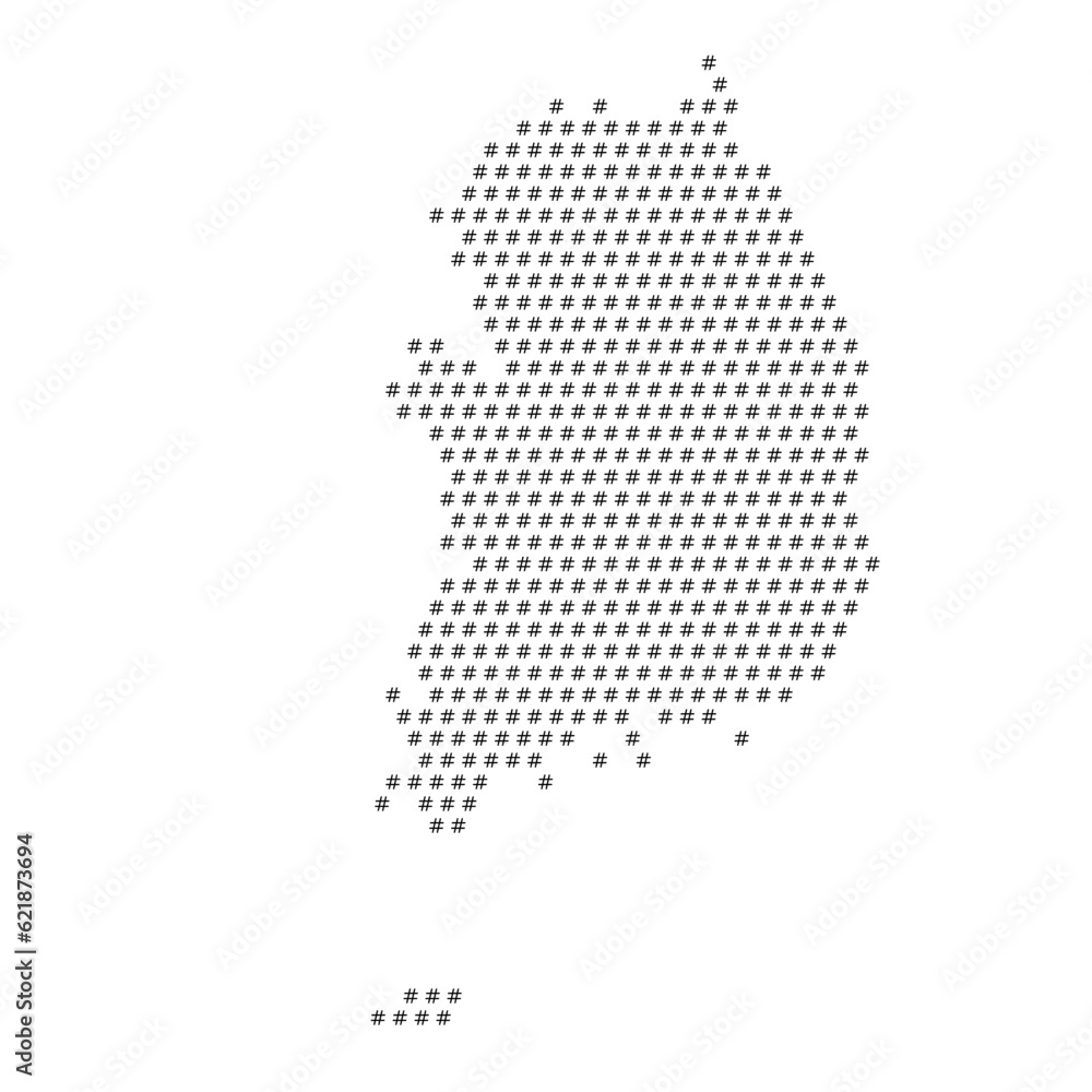 Map of the country of South Korea with hashtag icons texture on a white background