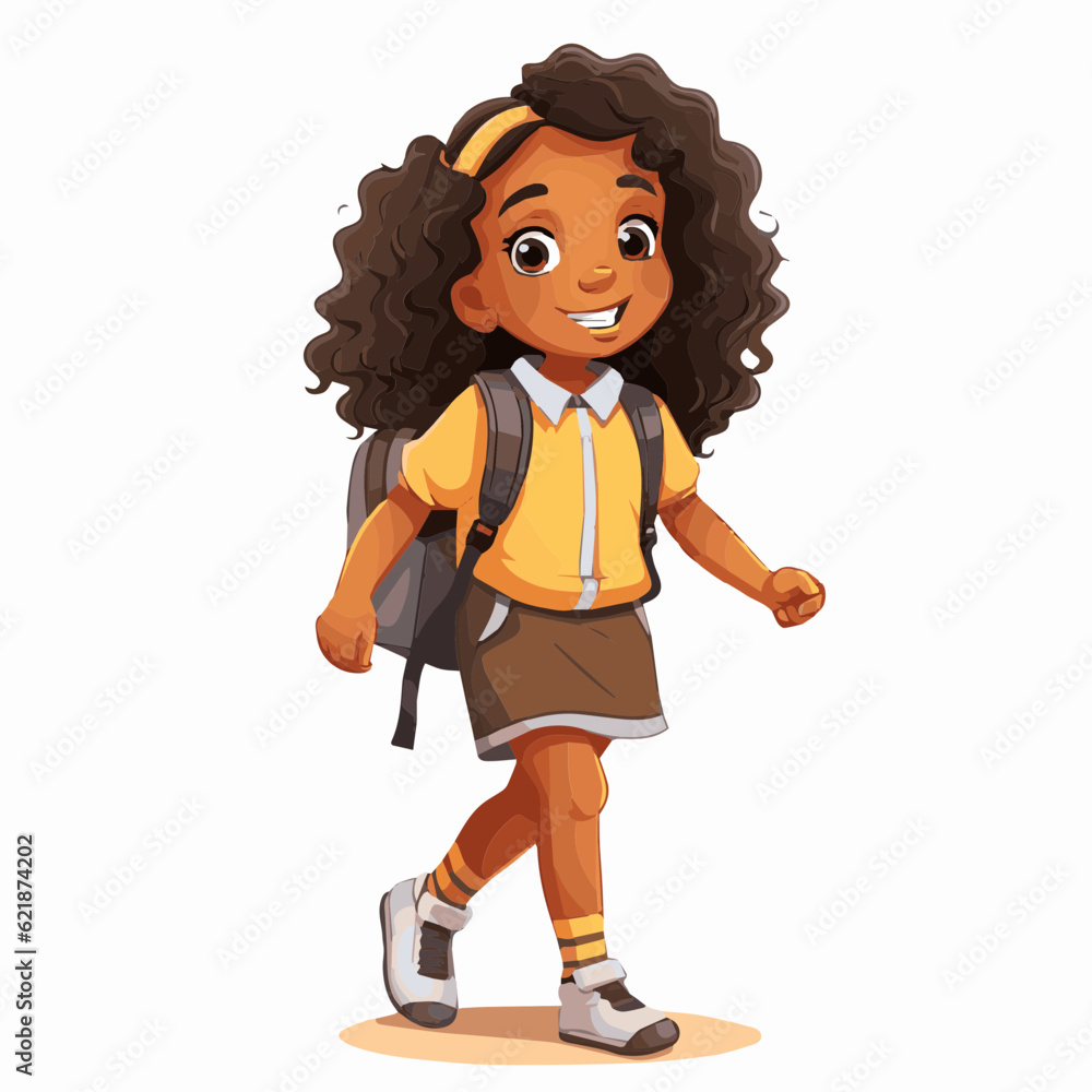 simple cartoon clipart black african american girl student child going to school white background