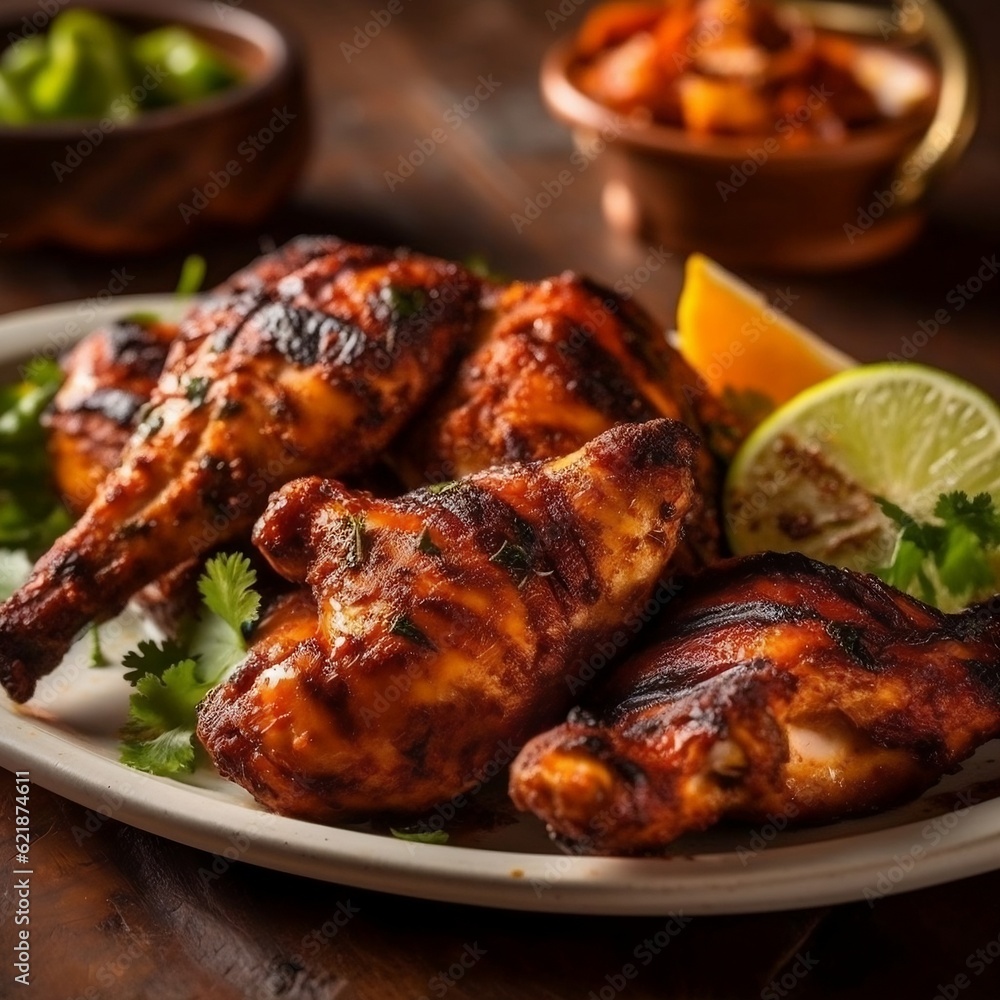 Roasted chicken on a plate grilled chicken wings Indian spiced grilled chicken Tandoori Chicken generative ai Roasted chicken on a plate grilled chicken wings Indian spiced grilled chicken Tandoori Chicken generative ai