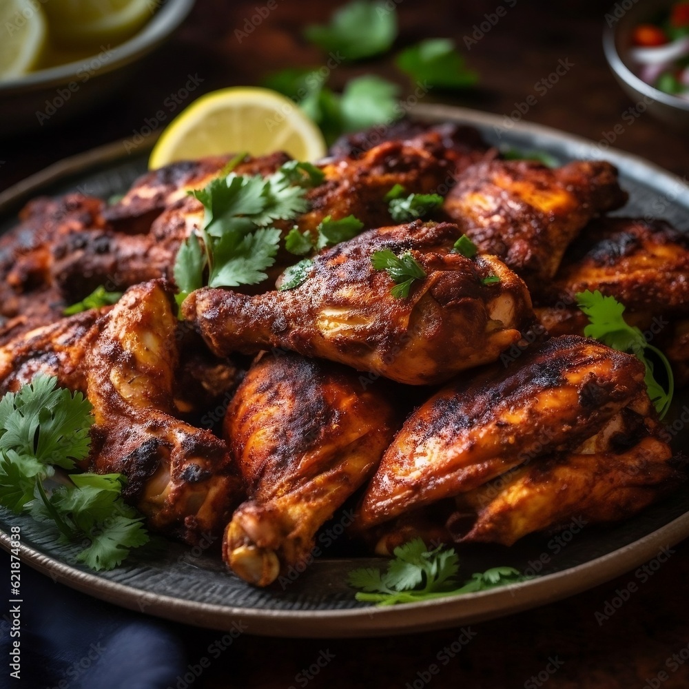 Roasted chicken on a plate grilled chicken wings Indian spiced grilled chicken Tandoori Chicken generative ai Roasted chicken on a plate grilled chicken wings Indian spiced grilled chicken Tandoori Chicken generative ai