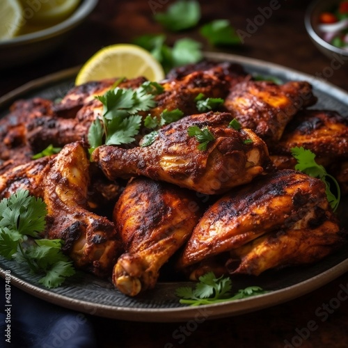 Roasted chicken on a plate grilled chicken wings Indian spiced grilled chicken Tandoori Chicken generative ai