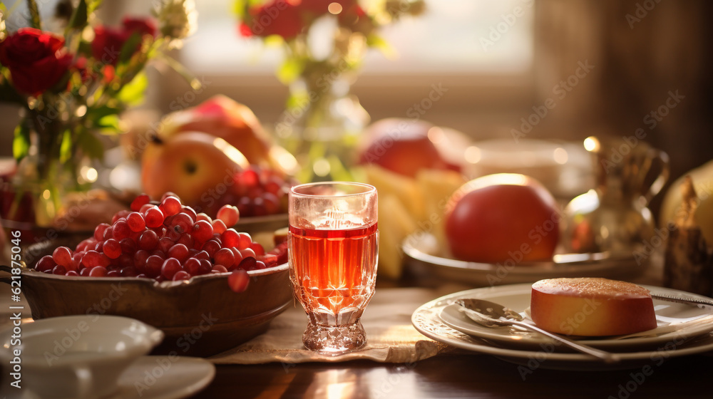 A close - up image of a beautifully arranged table for Rosh Hashanah dinner, featuring traditional dishes and symbolic elements, AI-Generated A close - up image of a beautifully arranged table for Rosh Hashanah dinner, featuring traditional dishes and symbolic elements, AI-Generated