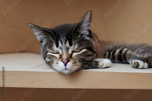 portrait of a cat. Generative AI close portrait of a cat that sleeps on a shelf, realistic, detailed