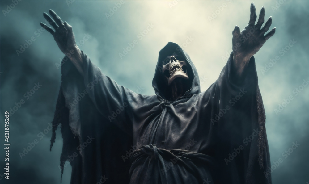 night death hood horror evil ghost fear creepy skeleton halloween. Generative AI. night death hood horror evil ghost fear creepy skeleton halloween. Generative AI.