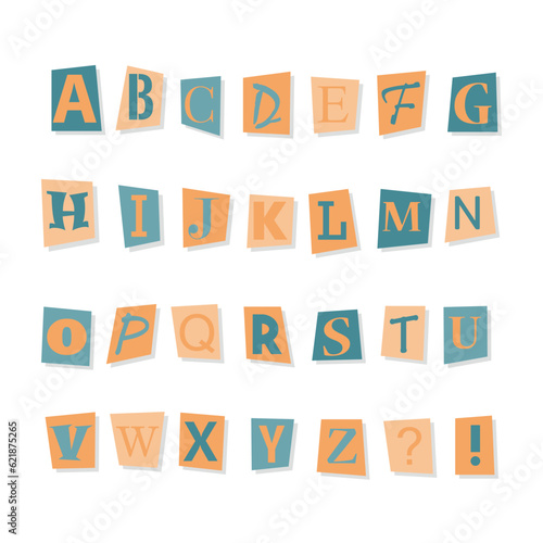 Cut out ransom vector letters alphabet. Blackmail or Ransom Kidnapper Anonymous Note Font. Latin Letters, Numbers and punctuation symbols. Criminal ransom letters.