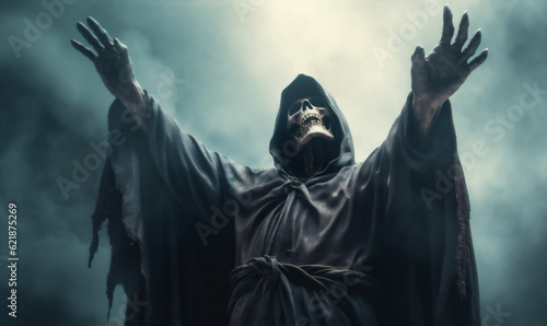 night death hood horror evil ghost fear creepy skeleton halloween. Generative AI.