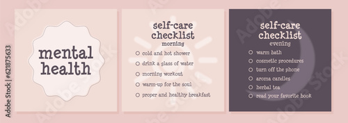 Cute collection evening and morning self-care to do list, checklist. Lettering Mental Health. Evening Self-care checklist sticker, card, poster concept. Vector illustration