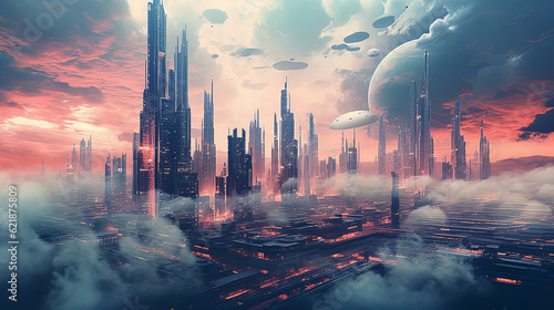 The rustic city of futuristic setting  in the style of a sty atmosphere  light gold a nd dark cyan  photo-realistic landscapes  cloud cloudoreht red and yellow  high-angle  cabicancer illustration. 