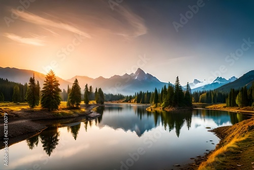 sunrise over lake generated by AI technology © abdur