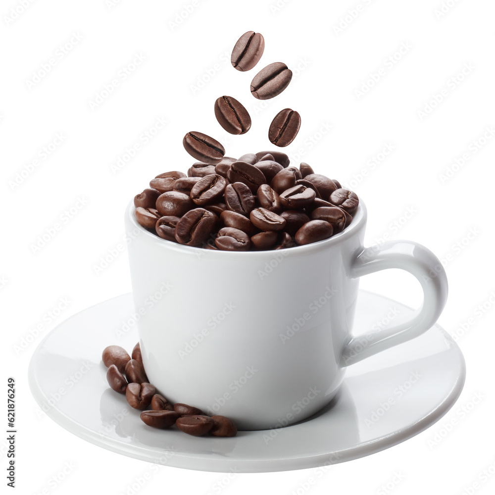 Fototapeta premium White cup with roasted coffee beans, cut out
