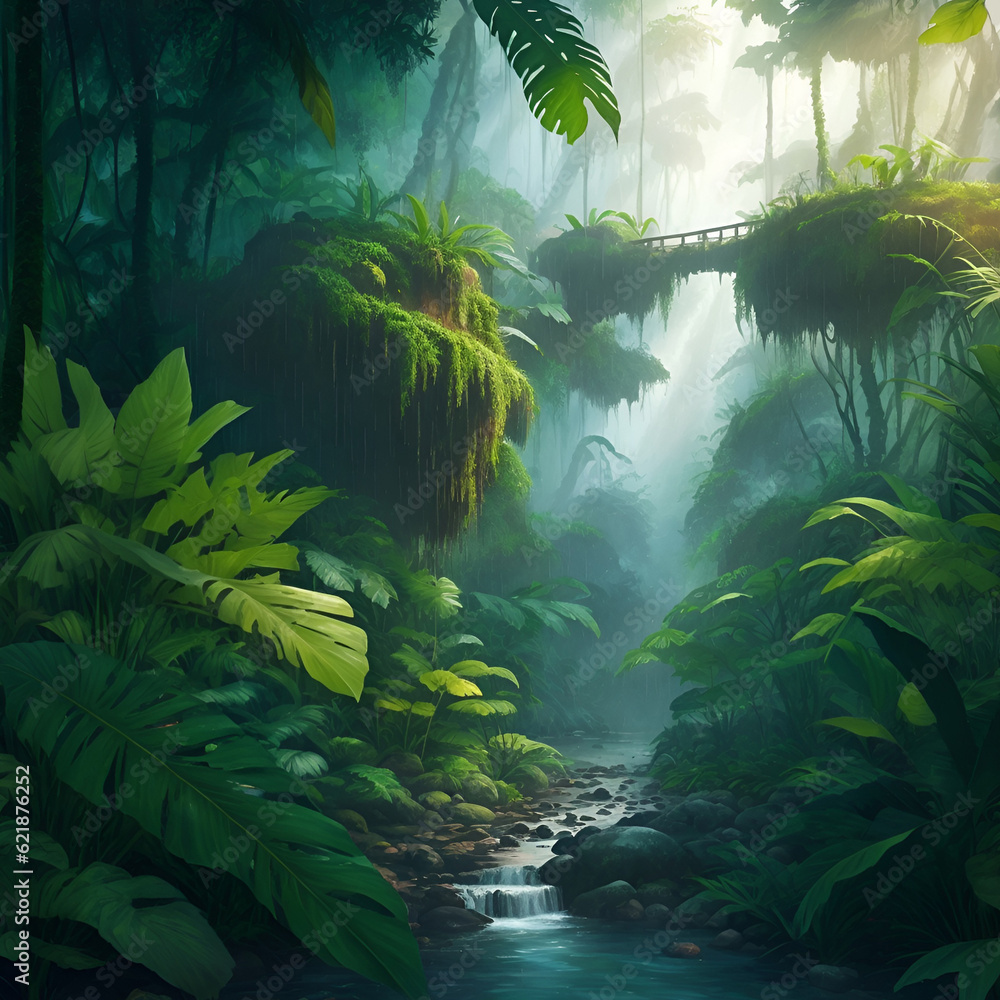 Beautiful sunlight in Tropical rain forest. Beautiful forest scenery with sunlight filtering through the foliage. Fresh nature landscape. painting of sunny forest. landscape painting with trees, 