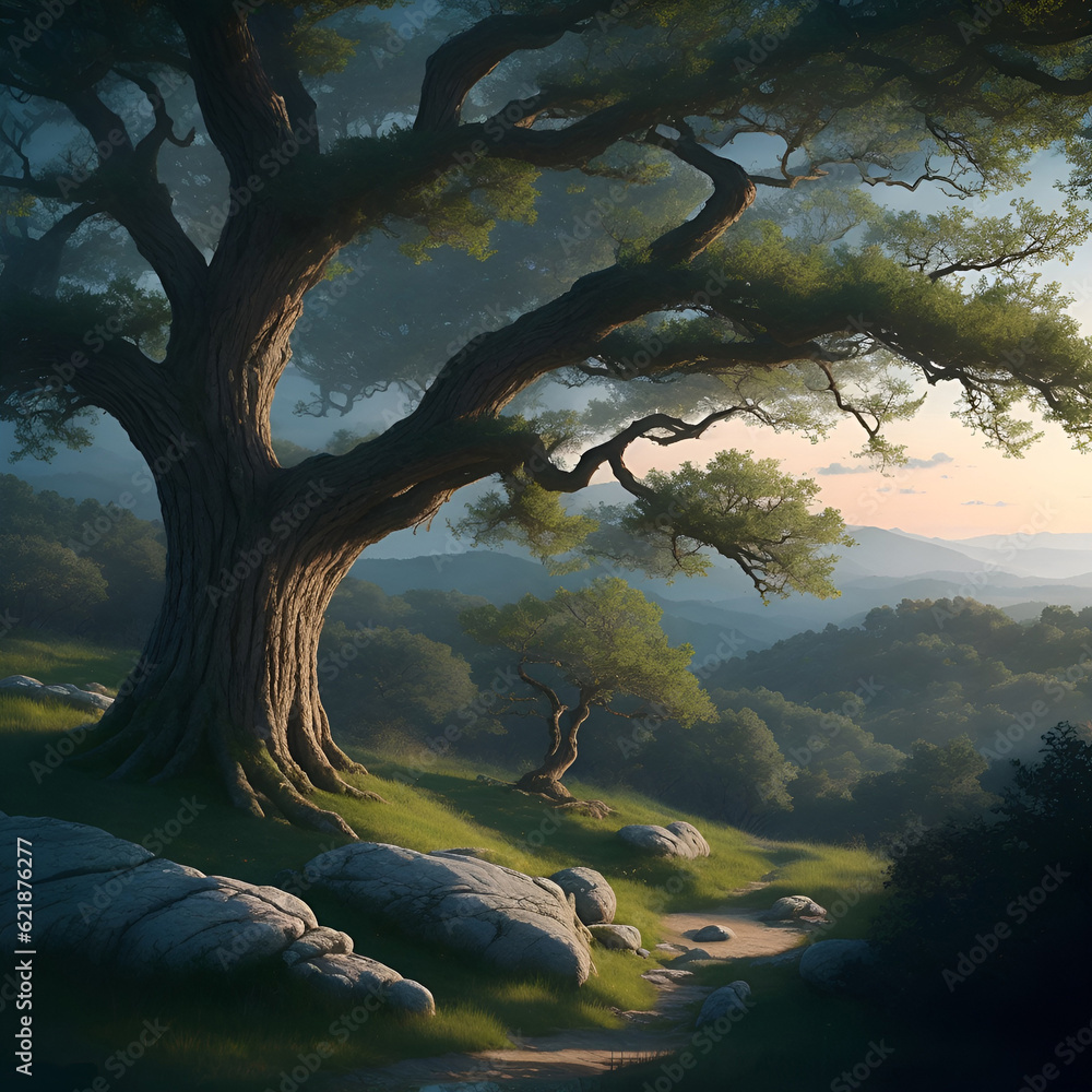 Beautiful sunlight in Lower montane oak forest. Beautiful forest scenery with sunlight filtering through the foliage. Fresh nature landscape. painting of sunny forest. landscape illustration style. Beautiful sunlight in Lower montane oak forest. Beautiful forest scenery with sunlight filtering through the foliage. Fresh nature landscape. painting of sunny forest. landscape illustration style.