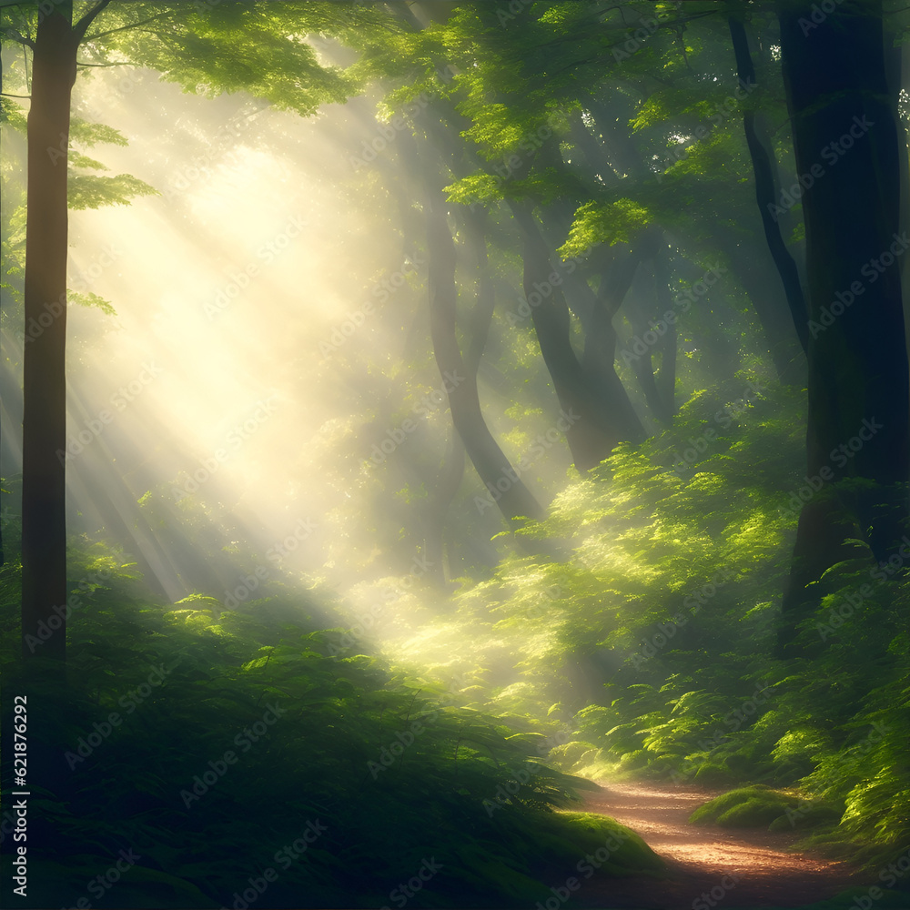 Obraz premium Beautiful sunlight in the forest. Beautiful forest scenery with sunlight filtering through the foliage. Fresh nature landscape. painting of sunny forest. landscape painting with trees, trunk,