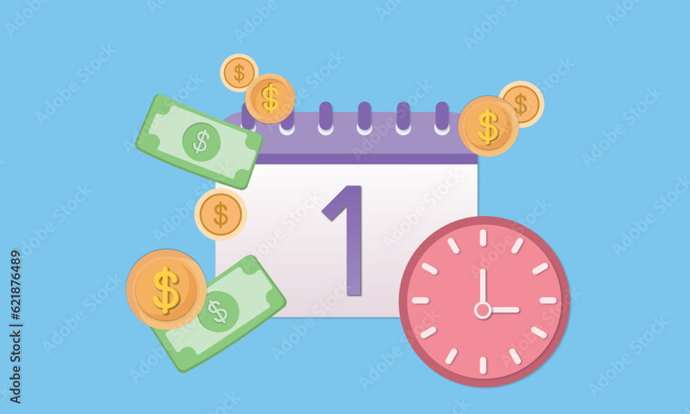 Obraz premium calendar and alarm clock with gold coins around. the concept of a reminder of timely payment for services. on blue background.Vector Design Illustration.