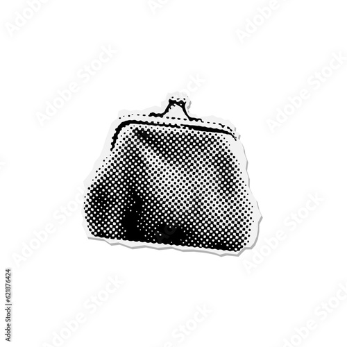 Isolated halftone vintage Purse . Retro paper scrap with offset printing effect. Realistic dotted vector illustration