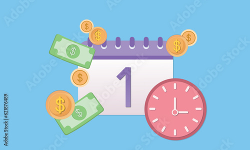 calendar and alarm clock with gold coins around. the concept of a reminder of timely payment for services. on blue background.Vector Design Illustration.