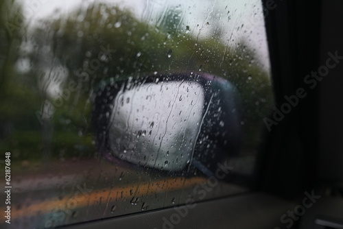 In the car on a rainy day